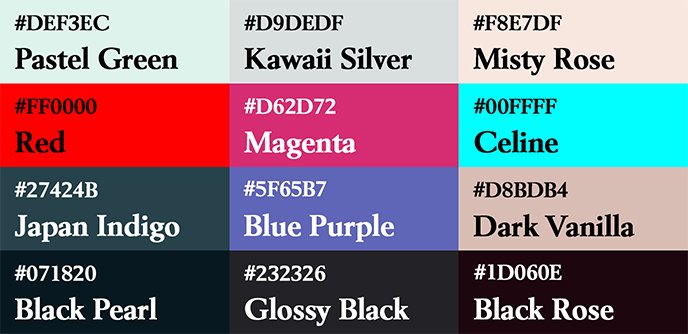 Liste des couleurs utilisés sur le poster Edward aux mains d'argent et ses alternatives.