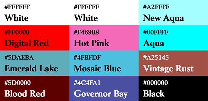 Liste des couleurs utilisés sur le poster Finspan et ses alternatives.