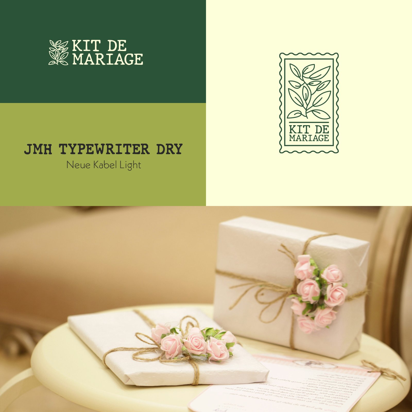 Ensemble de visuel démontrant succinctement l'adaptabilité du logo et des couleurs de la marque Kit de Mariage, accompagné d'une image moodboard.