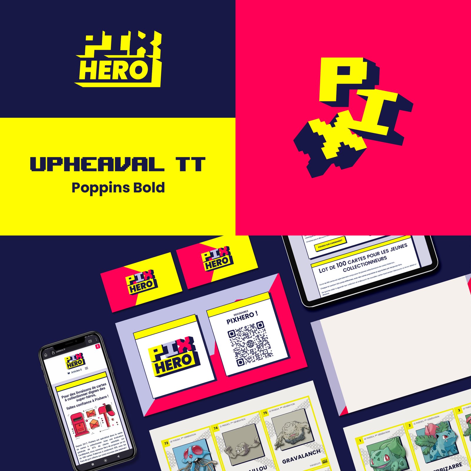 Ensemble de visuel démontrant succinctement l'adaptabilité du logo et des couleurs de la marque fictive PixHero, accompagné d'une image moodboard.