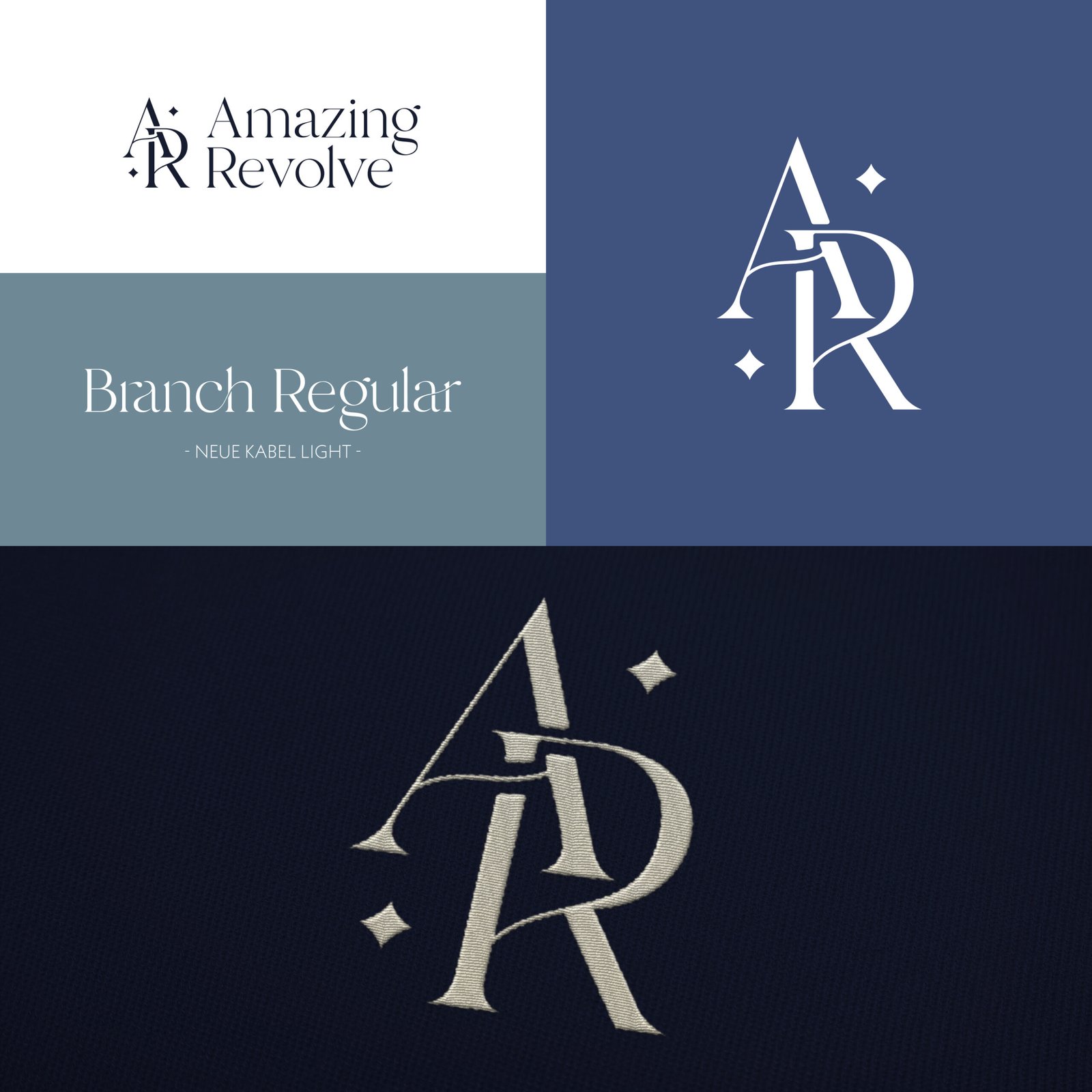 Ensemble de visuel démontrant succinctement l'adaptabilité du logo et des couleurs de la marque fictive Amazing Revolve, accompagné d'une image moodboard.