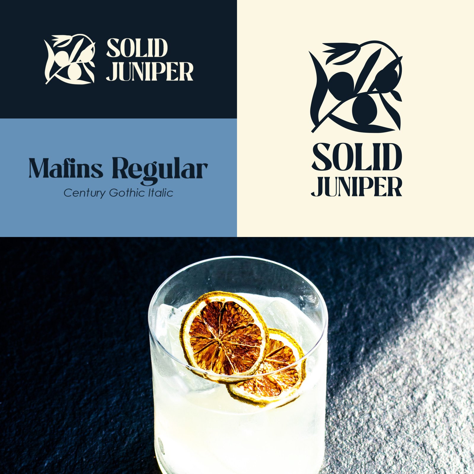 Ensemble de visuel démontrant succinctement l'adaptabilité du logo et des couleurs de la marque fictive Solid Juniper, accompagné d'une image moodboard.
