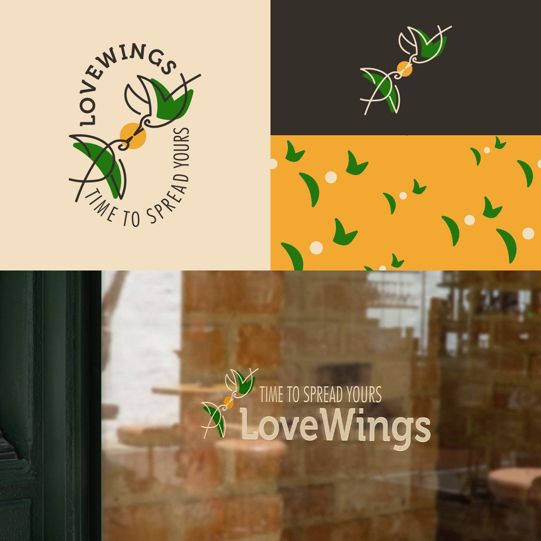 Ensemble de visuel démontrant succinctement l'adaptabilité du logo et des couleurs de la marque fictive LoveWings, accompagné d'une image moodboard.
